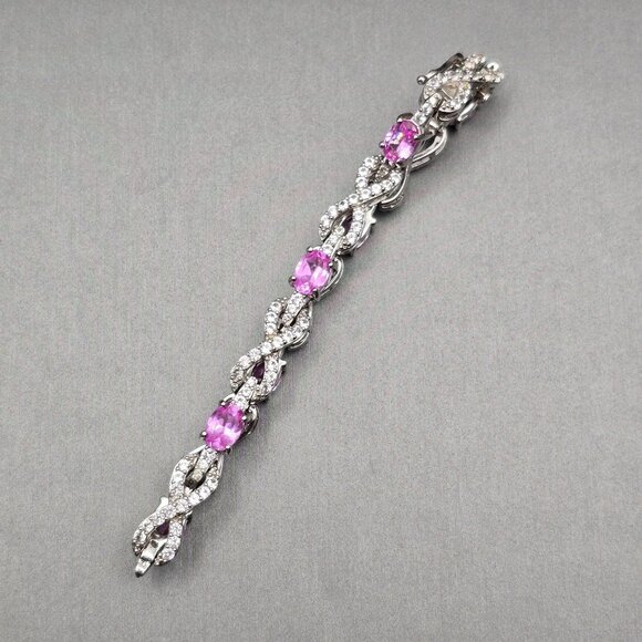 Sterling Silver Pink Sapphire & Quartz Infinity Tennis Bracelet 7.5" Signed SUN - Picture 3 of 14